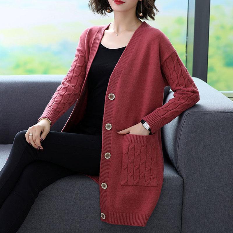 Женский винтажный вязаный кардиган, тонкий свитер с V-образным вырезом, однобортный тонкий свитер, повседневный трикотаж, свободная верхняя одежда для поездок на работу, осень