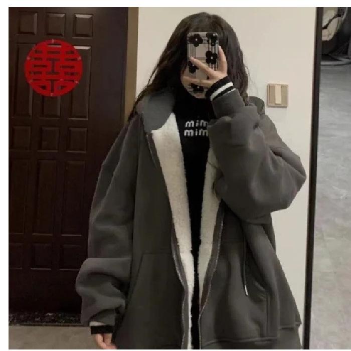 Pink Plus Velvet Hooded Sweatshirts Women Autumn Winter Zipper Thicken Warm Hoodies Woman Korean Student Lamb Wool Coat