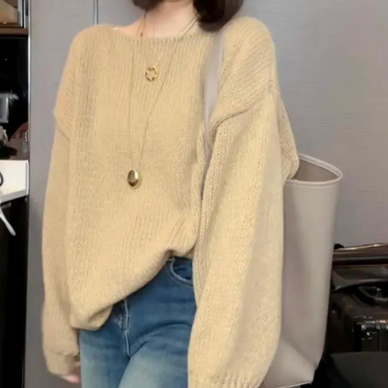 Корейский Сладкий Стиль Молодежный Универсальный Однотонный Свитер с Длинным Рукавом Женский Свободный Расслабленный Крой Облегающий Трикотажный Топ