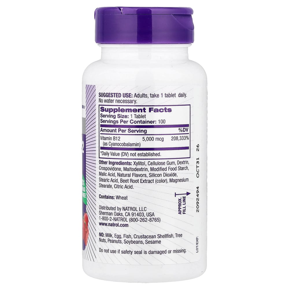 Natrol Vitamin B-12 Fast Dissolve Maximum Strength Strawberry Flavor 5000mg 100 Tablets