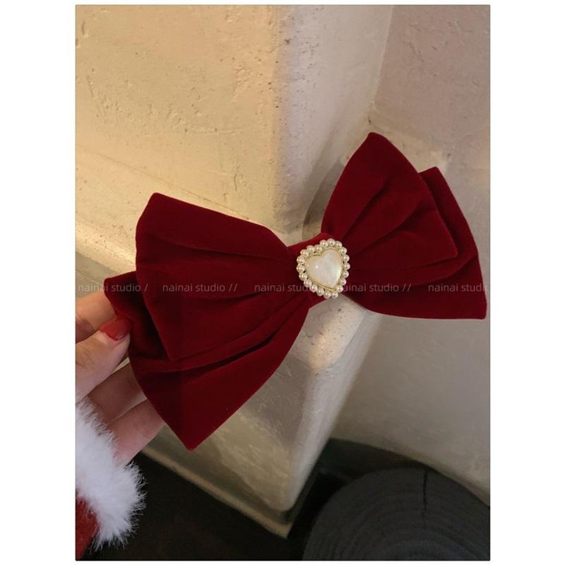 Cat Eye Heart Bow Velvet Hair Clip Women Retro Wine Red French Elegant Pearl Back Head Hair Accessories