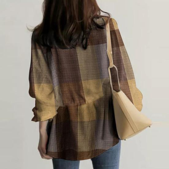 V-образный вырез с рюшами Манжеты на талии Шнуровка в клетку с принтом Повседневная блузка Простой повседневный стиль