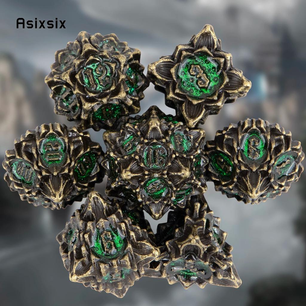7 Pcs Copper Green Lotus Flower Metal Dice Solid Metal Polyhedral Dice Set Suitable for Role-Playing RPG Board Game Card Game