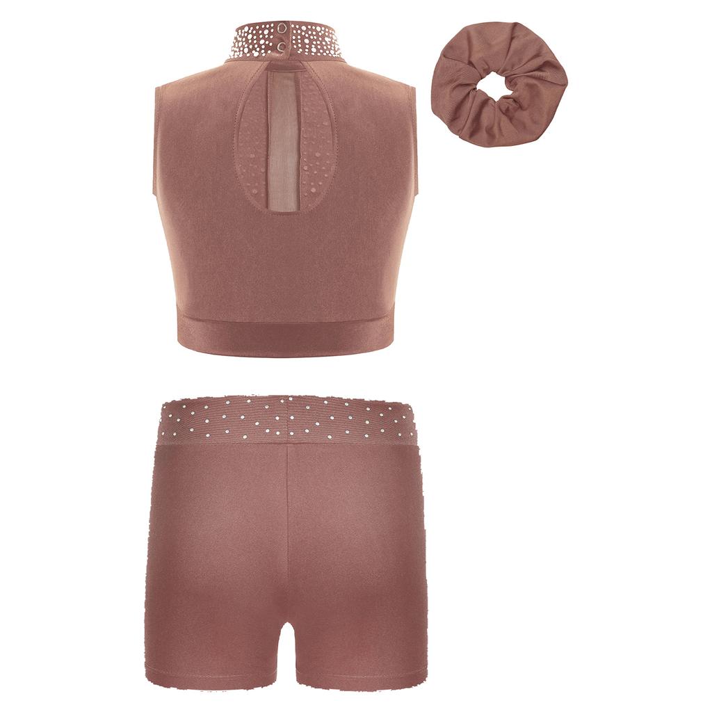 Girls Gymnastics Crop Top Set Sleeveless Mock Neck Keyhole Back Shiny Shorts Headwear Included