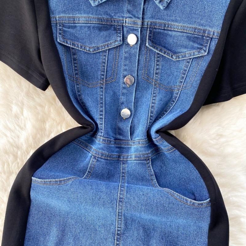 Темпераментные женские тонкие винтажные джинсовые платья средней длины с сочетанием цветов