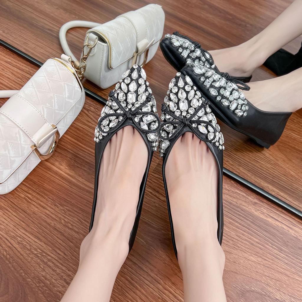 Autumn New Inner Heightening Shoes Women's Pointed Head Temperament Satin Bow Ladyshoes Rhinestone Shallow Mouth Flat Sole Shoes