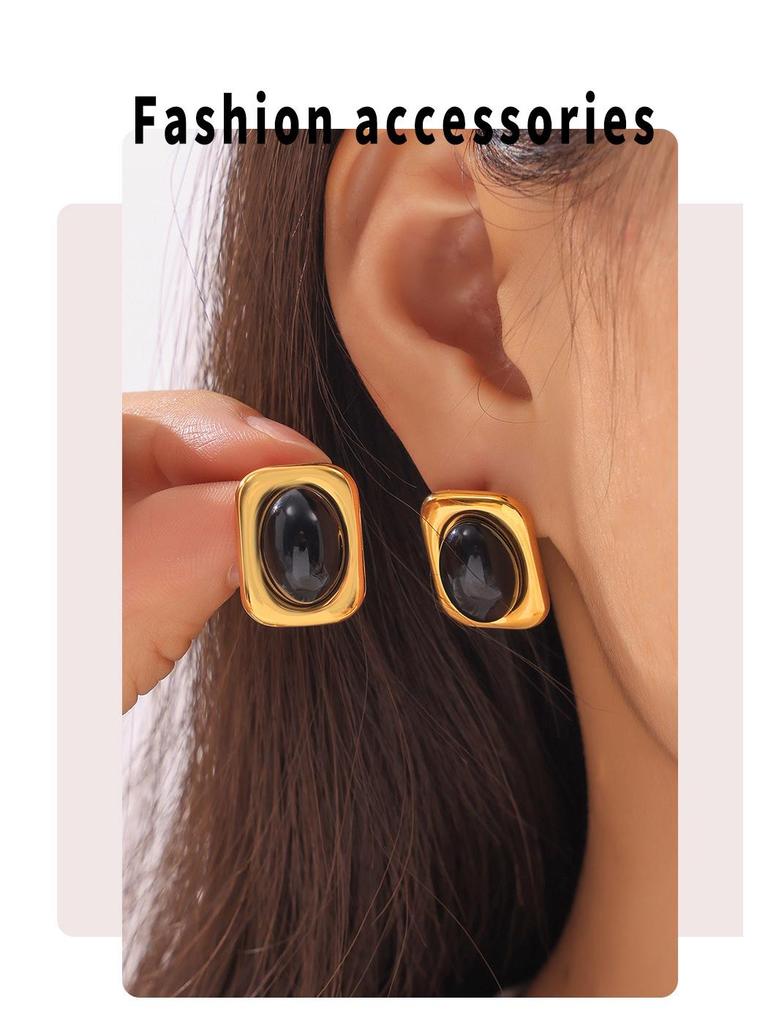 Серьги из титановой стали с золотым покрытием и инкрустацией из черного стекла