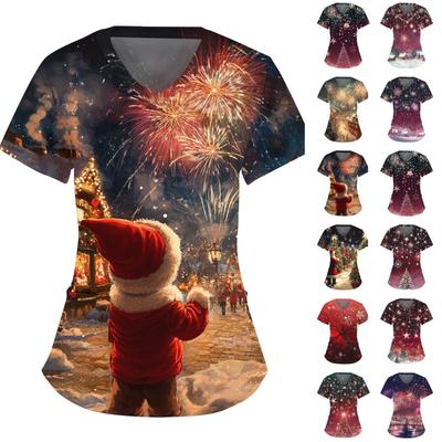 Женский модный комбинезон с V-образным вырезом, короткими рукавами и карманами 2025 года с рождественским принтом