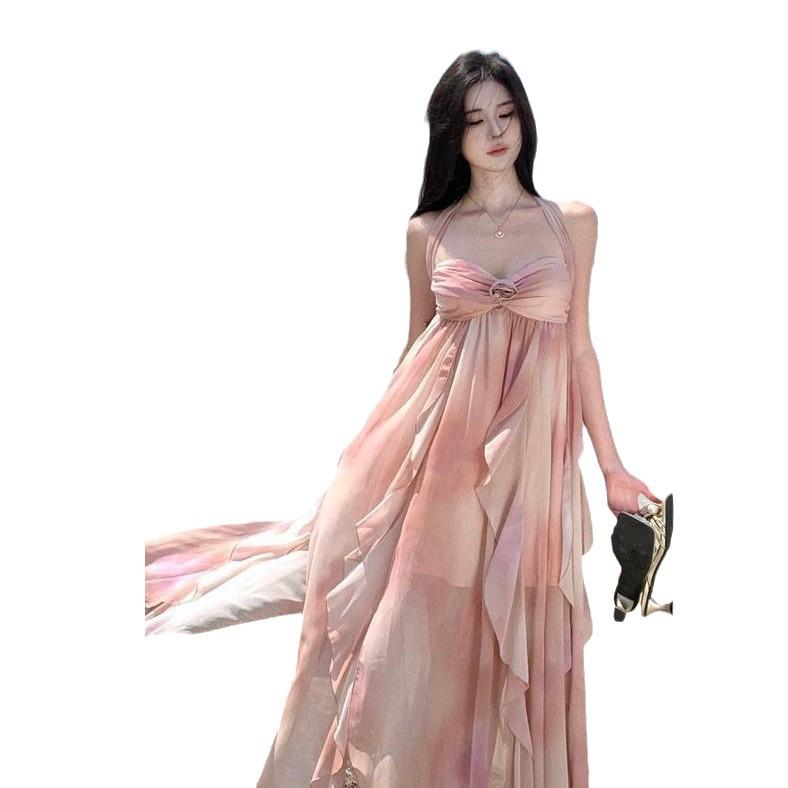 Элегантное платье без спинки с оборками и халтером во французском стиле для женщин - Идеально для летних приморских отпусков