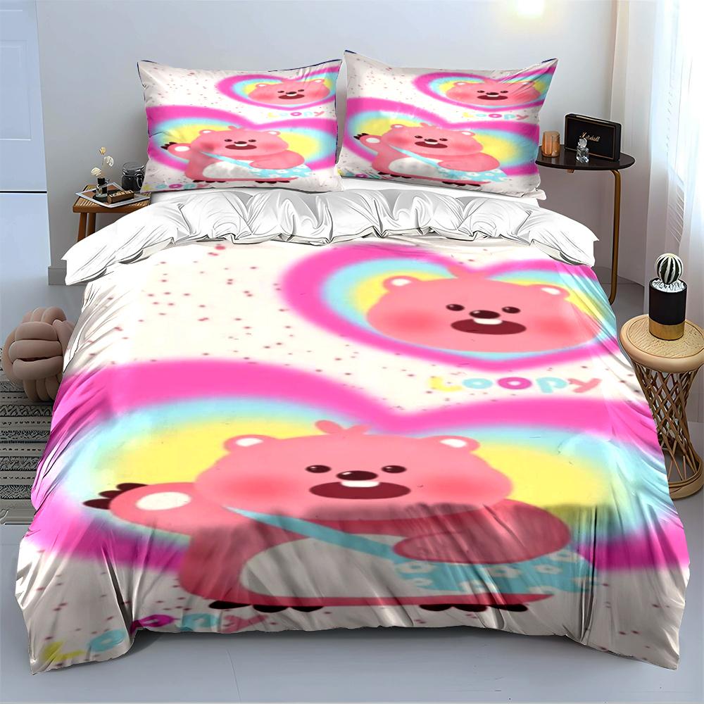 Pink Bear Print Bedding Set With Rainbow Bedding set (1 duvet cover, 2 pillowcases, duvet not included)