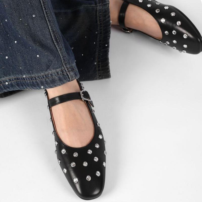 Мода Мода Хрустальные Балетки Дизайнерская Роскошь Туфли Мэри Джейн Женские Черные Универсальные Одинарные Туфли Комфорт Мягкая Подошва Женские Лоферы