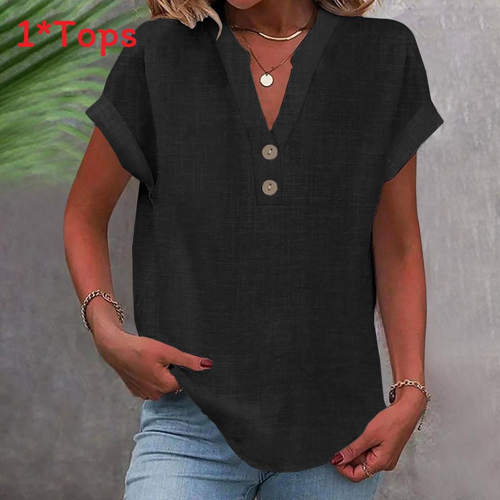 Summer Women Shirt With Stand Collar Short Sleeve Cotton Blended Fabric For Casual Wear