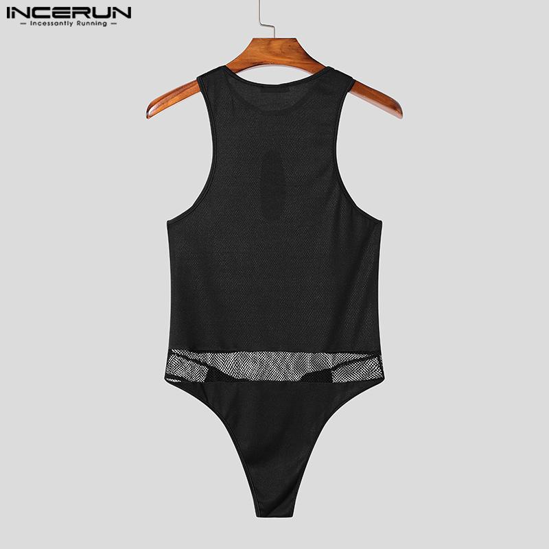 INCERUN Мужские комбинезоны без рукавов с прозрачными отверстиями, сетчатые, лоскутные, обтягивающие комбинезоны