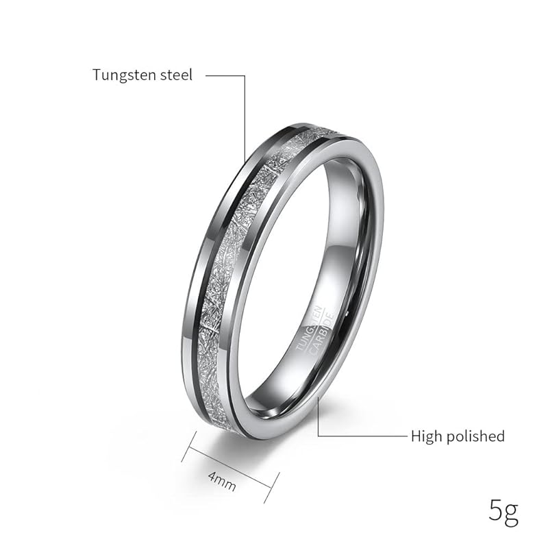 Oakky 4 мм унисекс Вольфрамовая сталь Внутренняя дуга Скошенный край Инкрустация углеродным волокном метеоритом Обручальное кольцо заявление обещание комфортная посадка серебристый размер 21