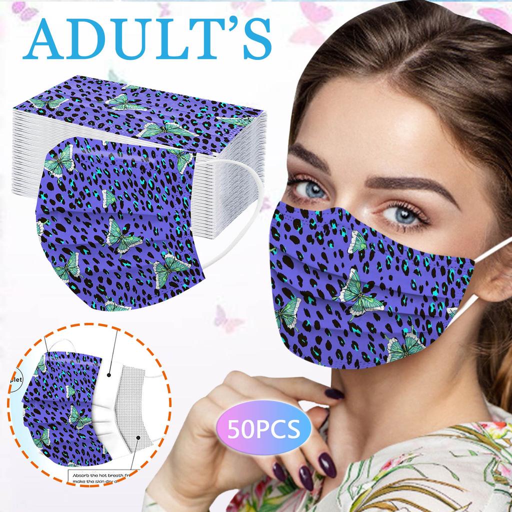 50PCS Adult Leopard Print Plus Butterfly Three-Layer Disposable Protective Mask