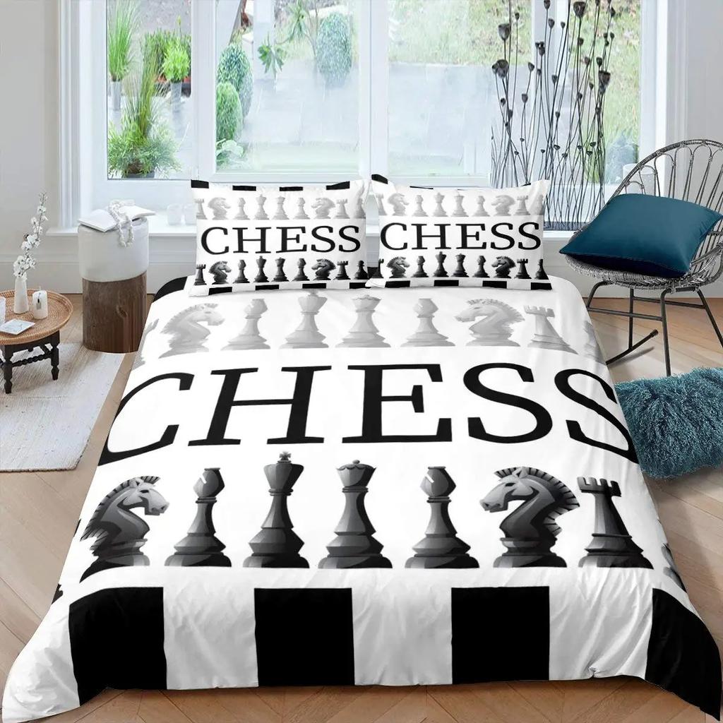 International Chess Duvet Cover Set Queen Size Chess Lovers Постельное белье для детей и взрослых Микрофибра Черная основа 23 шт Пододеяльник