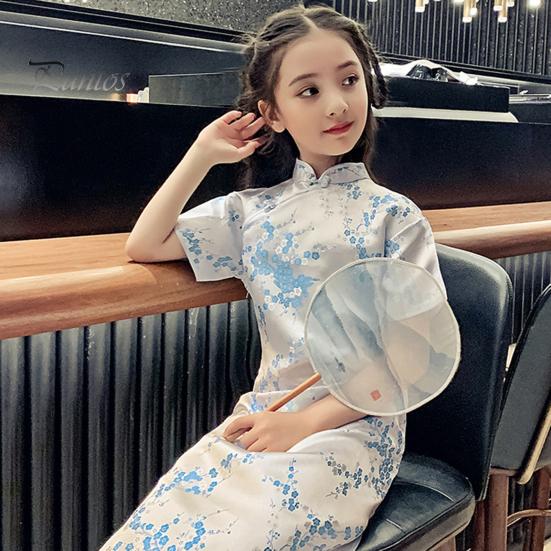 Платье Cheongsam для девочек, маленькое зимнее платье с цветочным рисунком и короткими рукавами, воротник-стойка на молнии, винтажное детское длинное платье миди Ципао в китайском стиле на Новый год, принцесса
