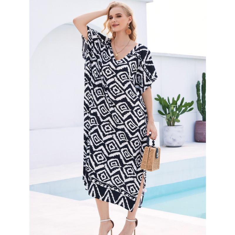 Плюс Размер Женщин Пляжный Принт Свободное Платье Накидка