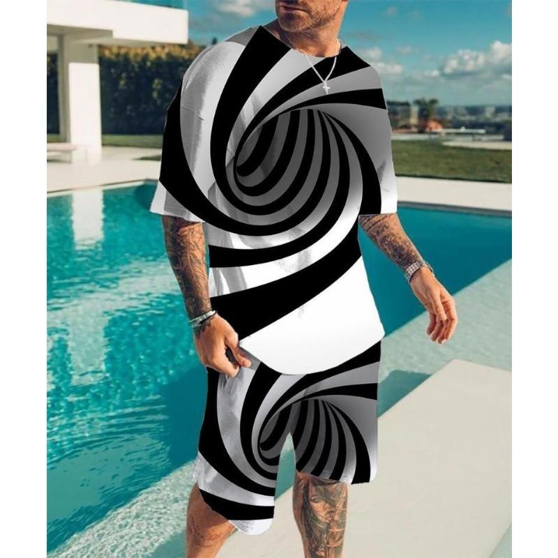 2025 New Men's Round Neck T-shirt Set Printing Optical Illusion Pattern T-shirt Two Piece Set Fashion Men's Summer T-shirt Set