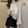 Hollow Knit Blouse Women's Summer Loose Thin Sunscreen Air Conditioning Shirt Solid Color Chic Lace Short Top