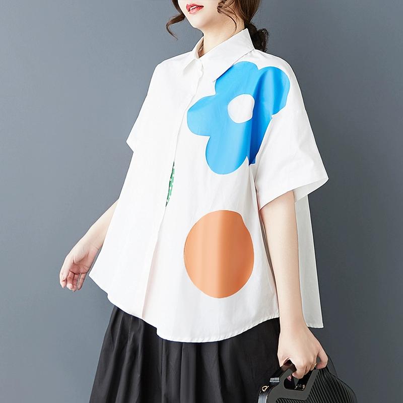 DIMANAF Plus Size New Summer Style Blouse Vintage Design Short Sleeve Print Casual Shirt Women Loose Shirt Print Shirt