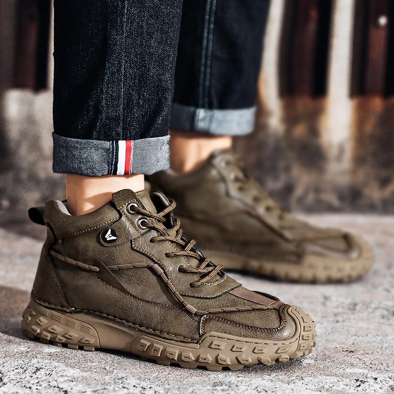 38-46 Модные зимние ботинки для мужчин, плюшевые кожаные ботинки с ручным швом, высокие походные ботинки, нескользящие, теплые, мужские ботинки, большие