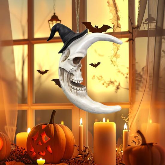 Подвеска-полумесяц с черепом, Хэллоуинская лунная подвеска, готическая смоляная лунная подвеска в шляпе волшебника для украшения стены, двери, крыльца