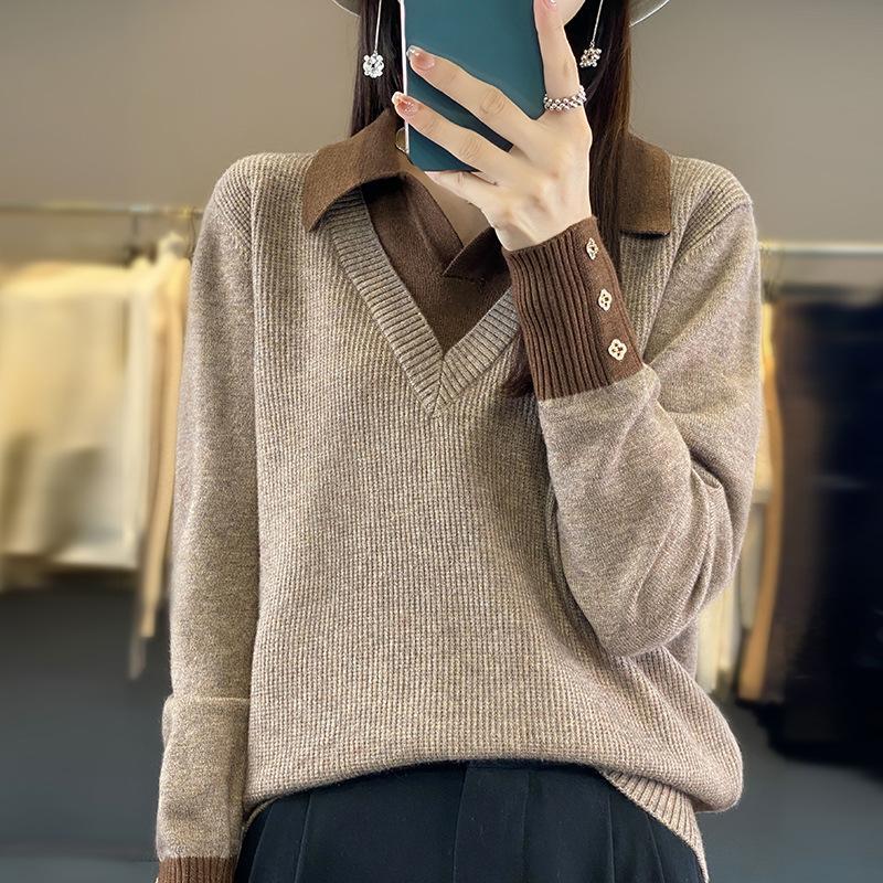 Women's Fall/Winter Maillard with a Wool-blend Fake Two-piece Shirt Collar Knit Rollover Pullover Sweater