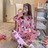 Женский мультяшный пижамный комплект из молочного шелка с круглым вырезом - Длинный рукав, Весна/Осень, Корейский стиль