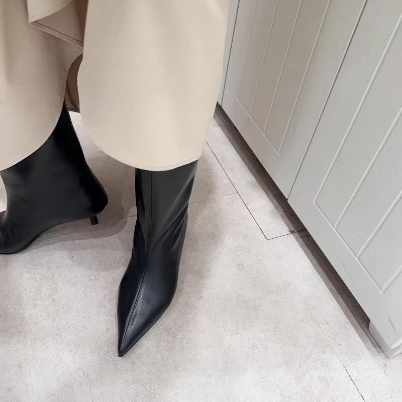Женские модные остроносые ботильоны на каблуке «котенок» на осень, новые, на низком каблуке, на тонком каблуке, в стиле ретро, с широким голенищем, облегающие ногу, ботинки до середины икры