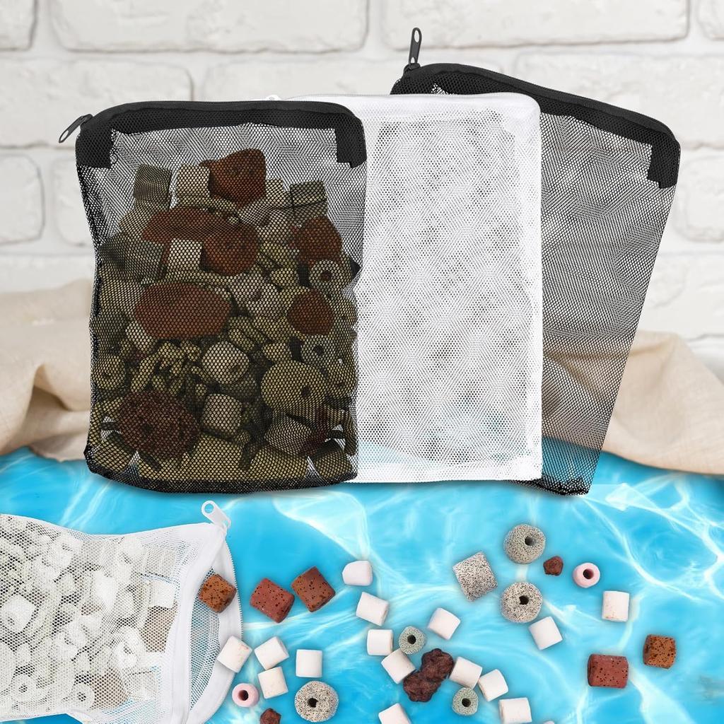 16 Pcs Aquarium Filter Media Bags Extra Fine, 7.8 x 5.9 Inch Filter Media Bag with Zipper, White & Black Aquarium Mesh Bag for Fish Tank Activated