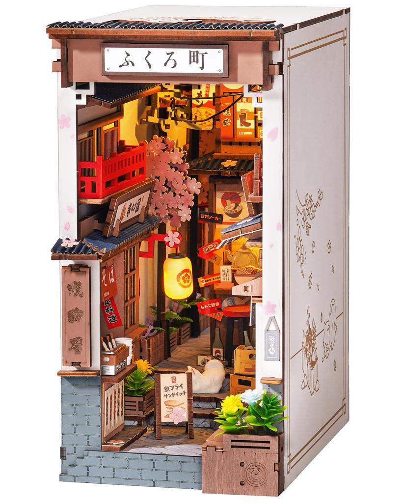 ROBOTIME 3D Puzzle Book Nook 3D Wood Izakaya Miniature Dollhouse Miniature Wooden Handmade Book Assembled Bookshelf LED Easy Assembly for Beginners