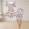 Women Plus Size White Round Neck Short Sleeve Printed Flared Top Capri Pants Two Piece Pajama Set
