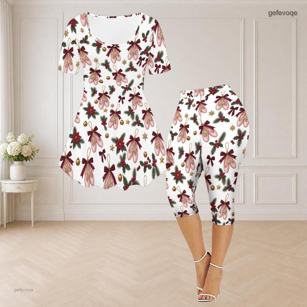 Women Plus Size White Round Neck Short Sleeve Printed Flared Top Capri Pants Two Piece Pajama Set
