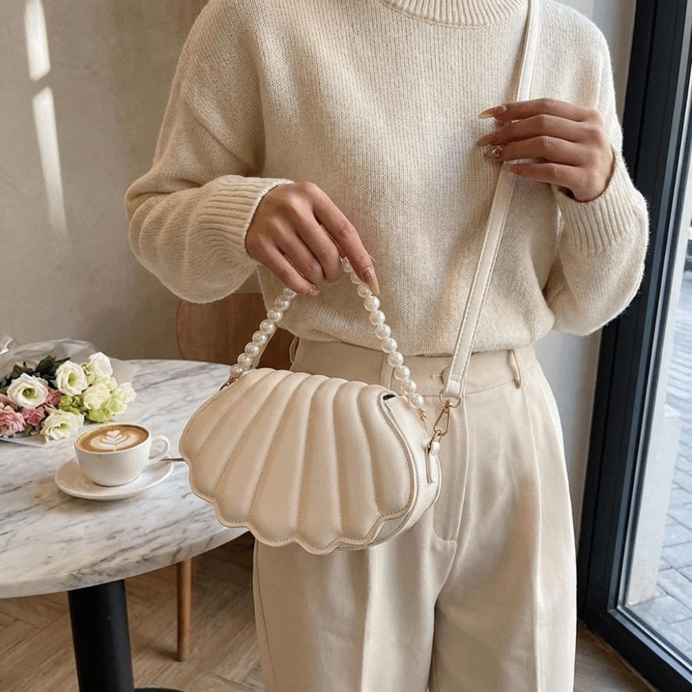 Sweet Faux Leather Shoulder Bag Pearl Chain Handbag Cute Shell Shaped Crossbody Bag Girl