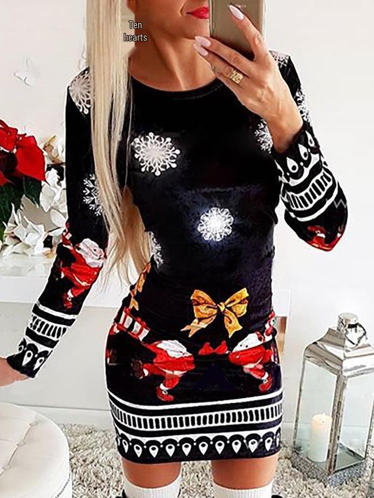 Европейское и американское рождественское платье с длинным рукавом и принтом 2023