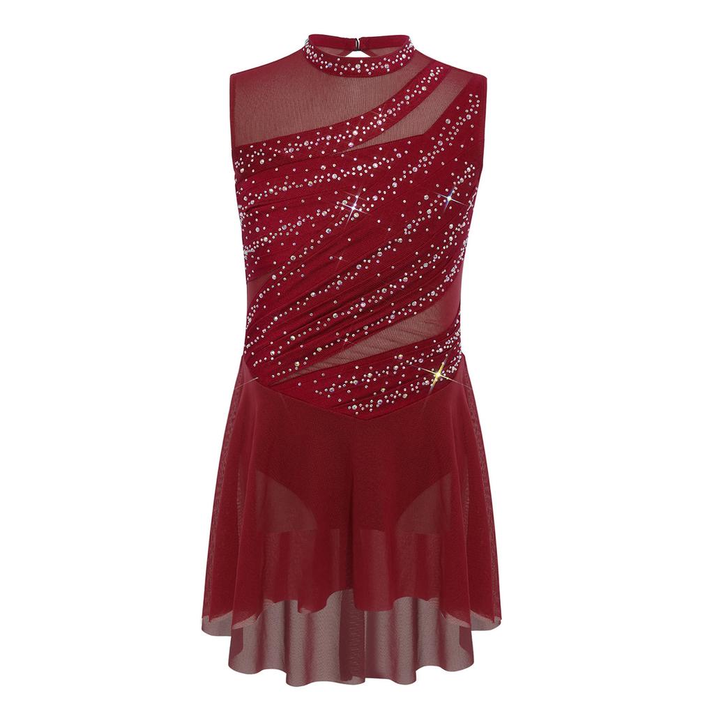 Девочки Сетчатое Пэчворк Без Рукавов Вырез на Спине Складки Асимметричный Подол Блестящий Стразы Платье Для Танцевального Выступления