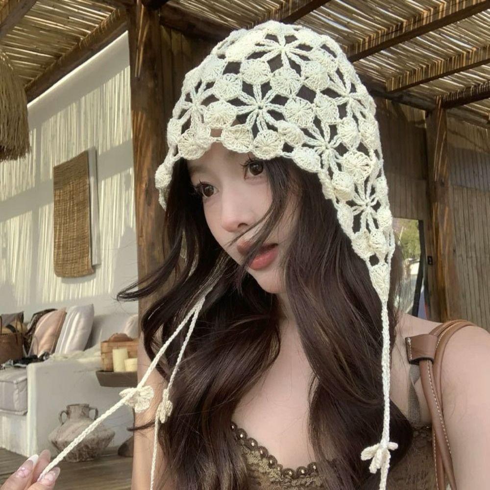 Tassel Hollowed Out Knitted Hat Floral Weave Cap Retro Bohemian Style Beanies Outdoor