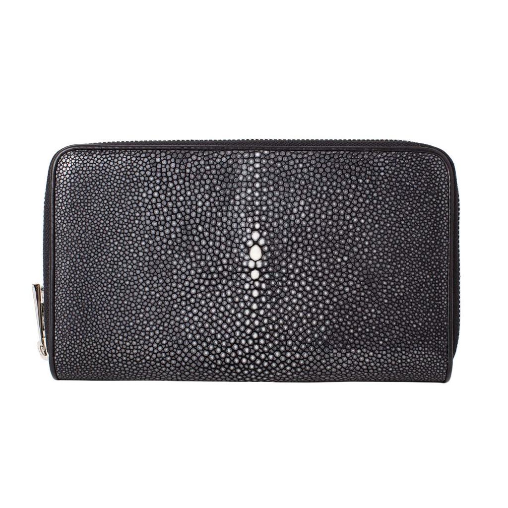 [Revetta] Длинный кошелек из кожи ската, Большая вместимость, 40 отделений для карт, Застежка на двойную молнию, Серебристый, Галюша, Скат, Черный, Мужской, Натуральная кожа