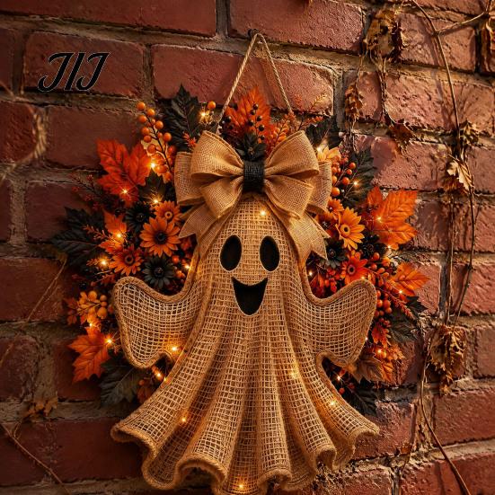 Decorative Wreath for Fireplace Rustic Halloween Ghost Front Door, Farmhouse Burlap Hanging Door with Maple Leaves, Sunflowers Porch Wall Indoor