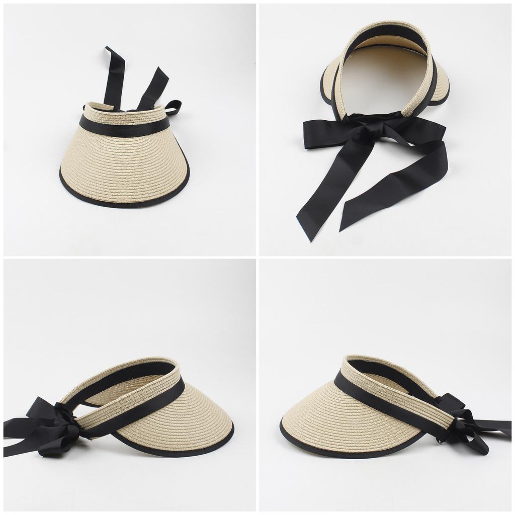 Women Sun Visor Hat Adjustable Wide Brim Bowknot Straw Hat Beach Hat
