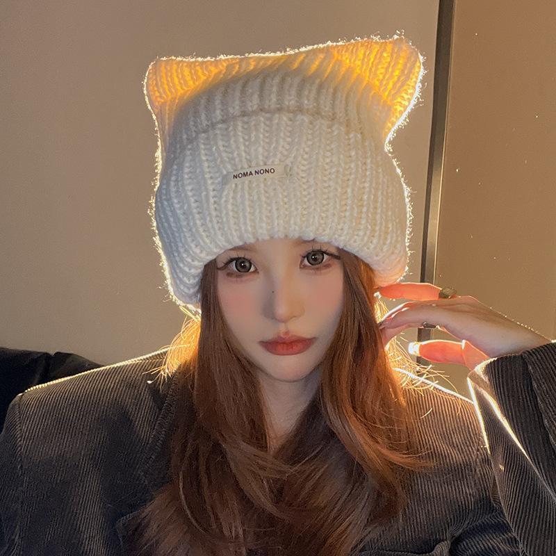 Japanese Cat Ear Wool Hat for Women In Autumn and Winter Warm Cute Knitted Hat Korean Version Versatile Cold Pullover Cold Hat
