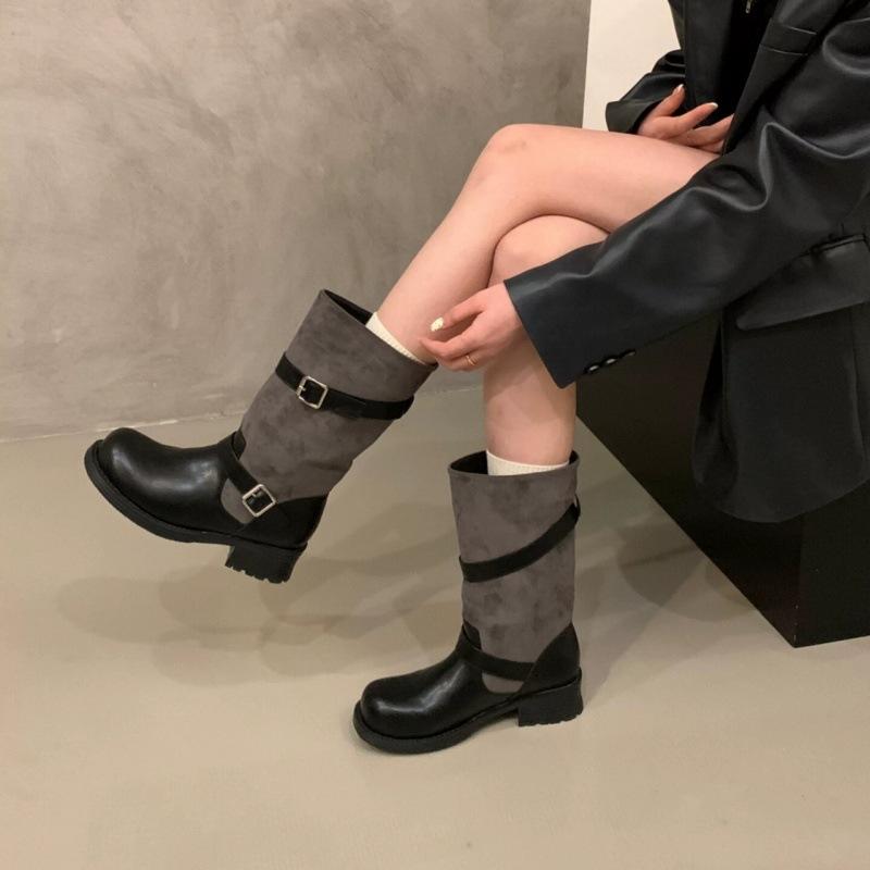 Belt buckle medium boots spring and autumn new brown fashion thick heel versatile and thin buckle outer wear short boots