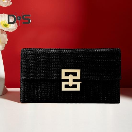 Women Clutch Bag Envelope Shape Bohemian Style Foldable Double-layer Straw Braided Solid Color Portable Summer Beach Vacation Handbag