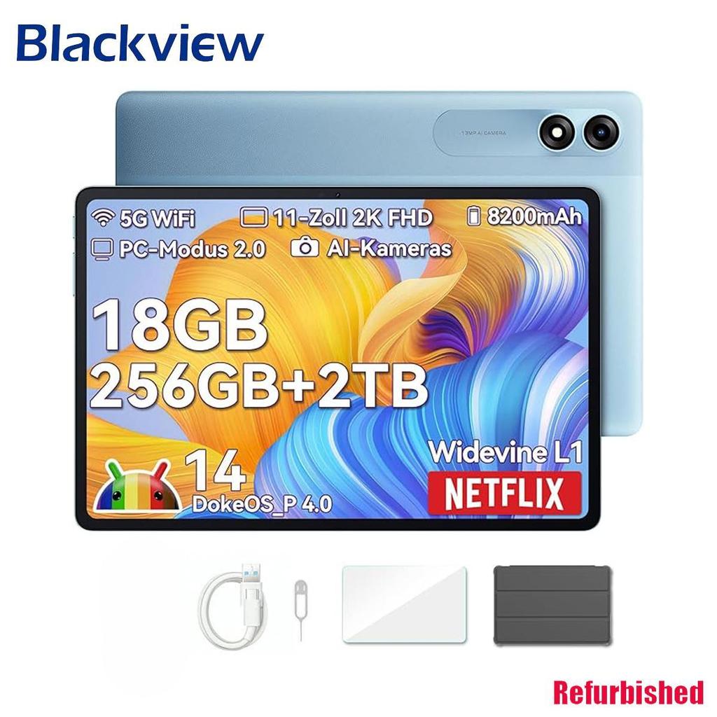 Восстановленный планшет Blackview Tab 9 WiFi Android 14 – 11-дюймовый 2K FHD+ большой дисплей, 18 ГБ 256 ГБ