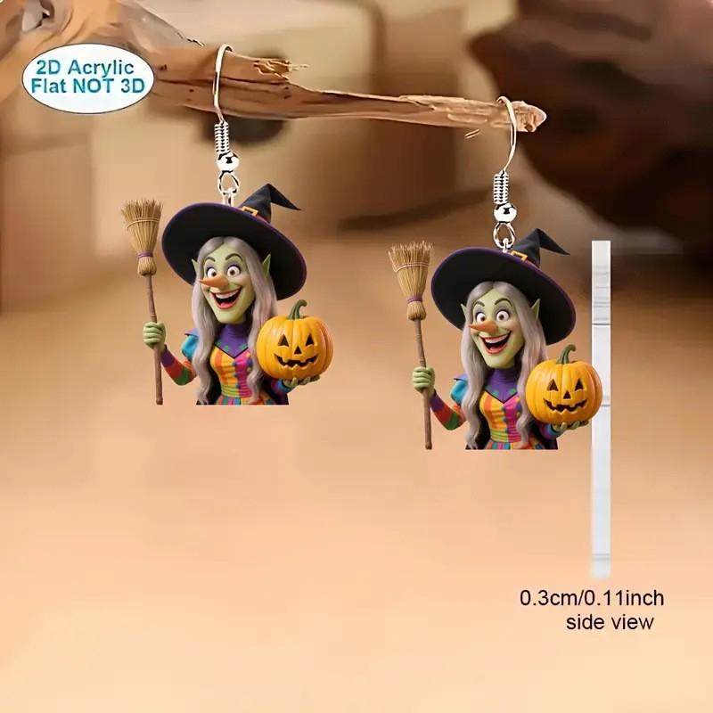 Witch Halloween Theme Broom And Pumpkin Pattern Women Earrings For Festival