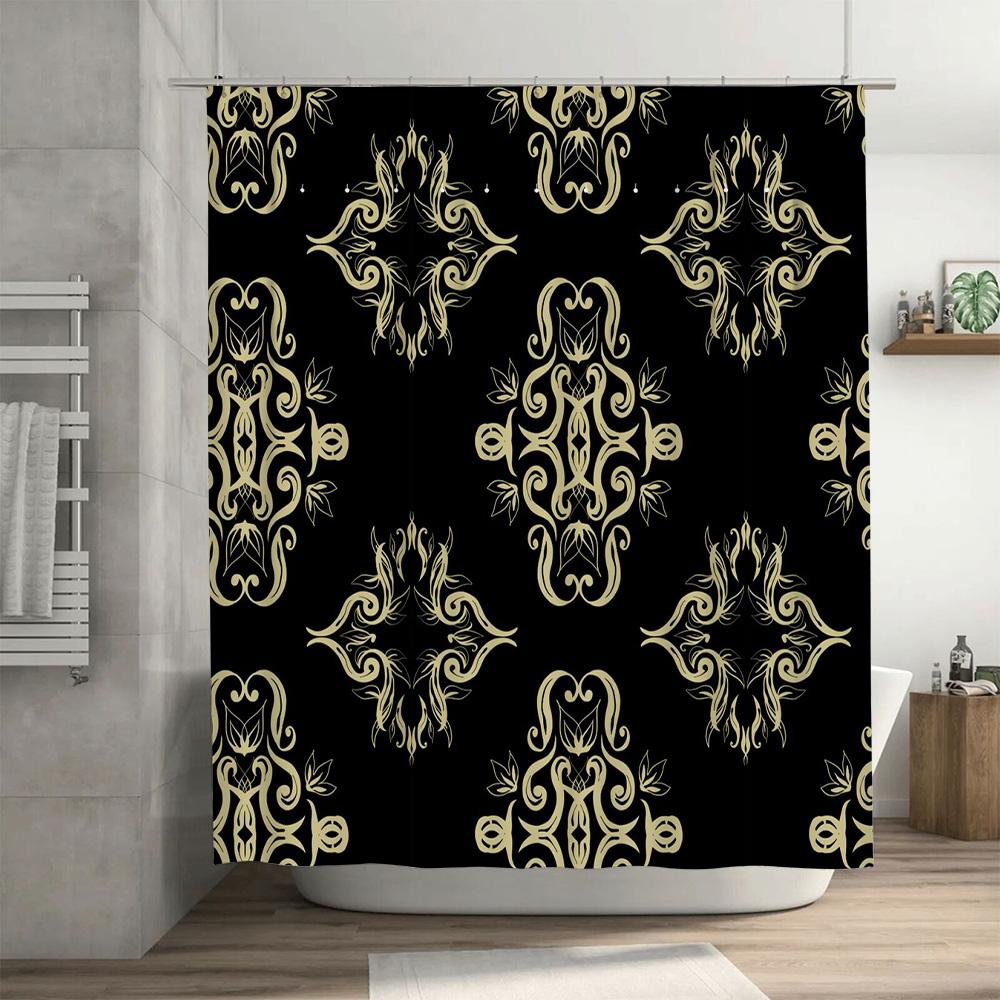 Luxury Golden Floral Print Bathroom Shower Curtain Modern European Style Decor Home Decoration Waterproof Fabric Black and Gold