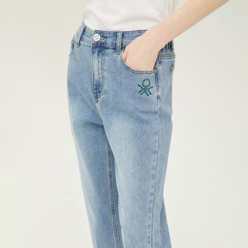 Benetton Benetton Logo Beading Slim Straight Denim Pants Badpb5431 Bl