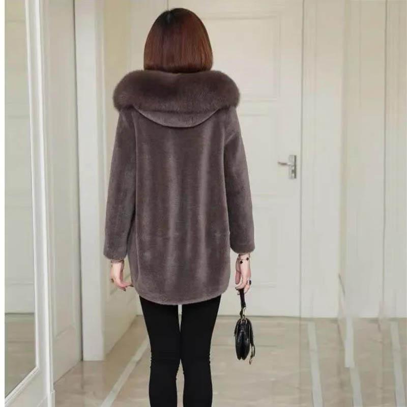 Меховое пальто для стрижки овец, женское пальто из гранулированного флиса, мех ягненка, воротник из лисьего меха, новый с капюшоном