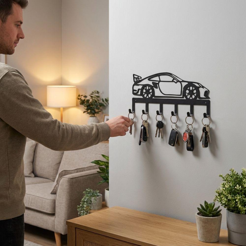 Wrought Iron Metal Car Key Holder Black Minimal Sports Car Storage Hooks Garage